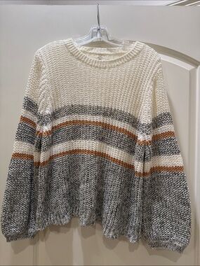 Striped Crewneck Sweater in Cream, Gray & Brown
